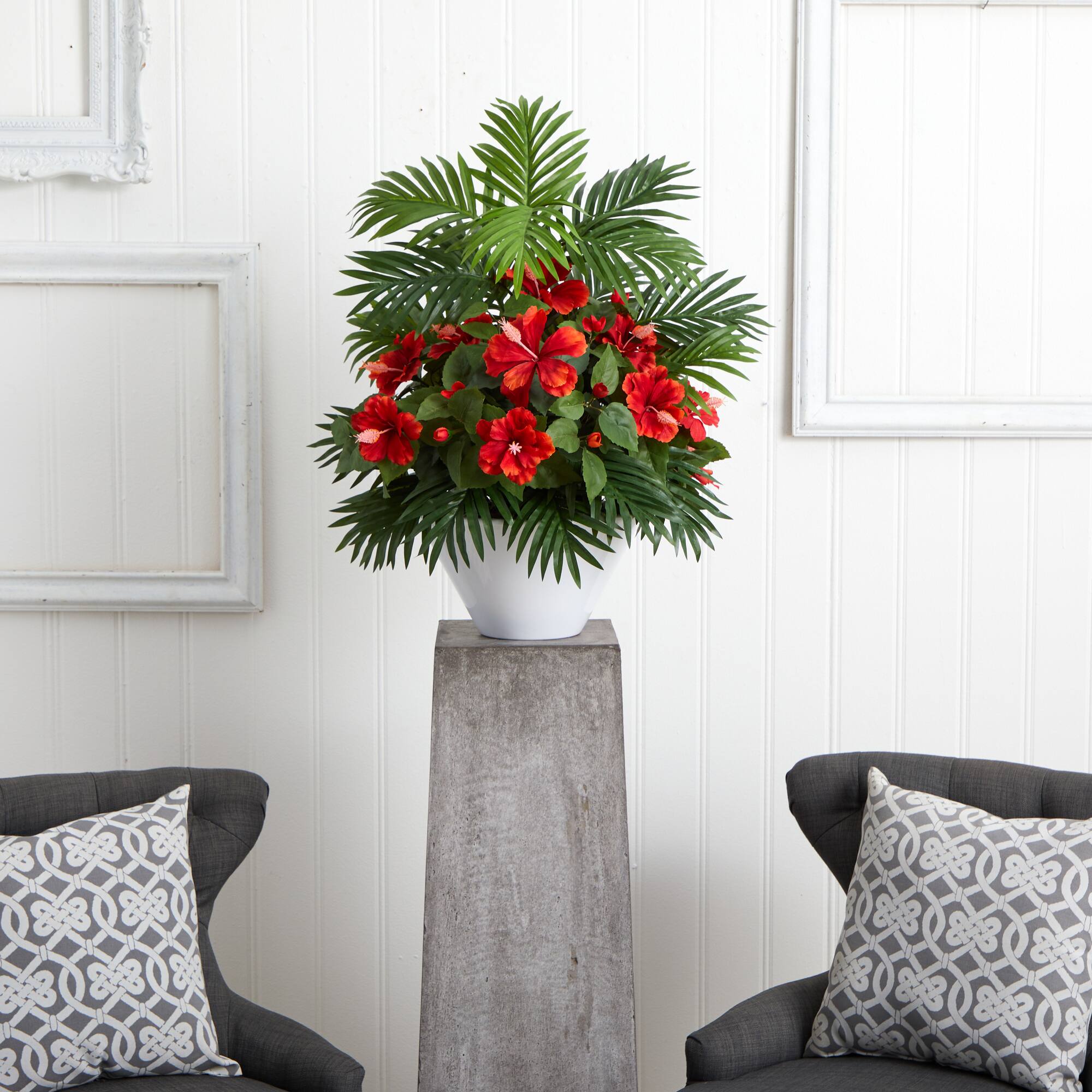 2.2ft. Red Hibiscus & Areca Palm Artificial Plant in White Bowl